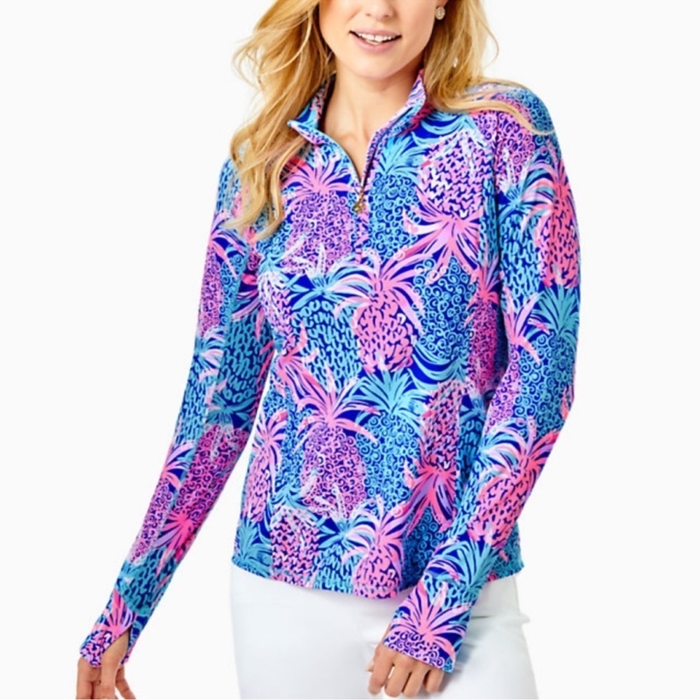 Lilly Pulitzer Luxletic Marion Mesh panel Half Zip Borealis blue tropic down low